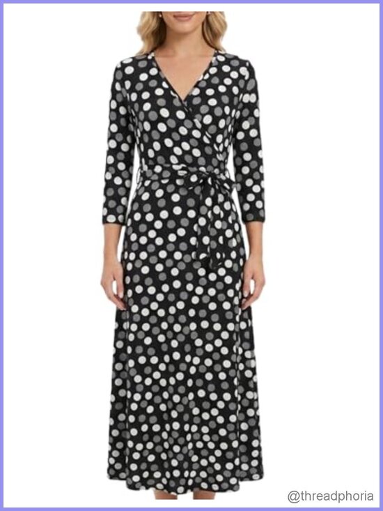 Dresses & Skirts - Women's 3/4 Sleeve V-Neck Faux Wrap Maxi Dress Summer Casual Flowy with Belt
